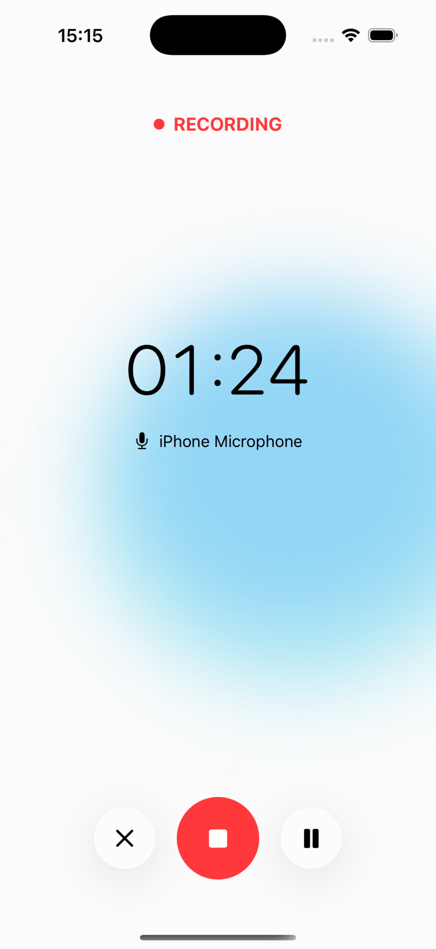 Simply Transcribe recording a voice note on an iPhone, with a live timer and recording controls